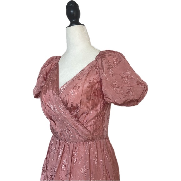 Vintage 80s NuMode Pink Floral Wrap Top Puff Sleeve Maxi Party Dress UK 12 US Sm - Picture 2 of 12